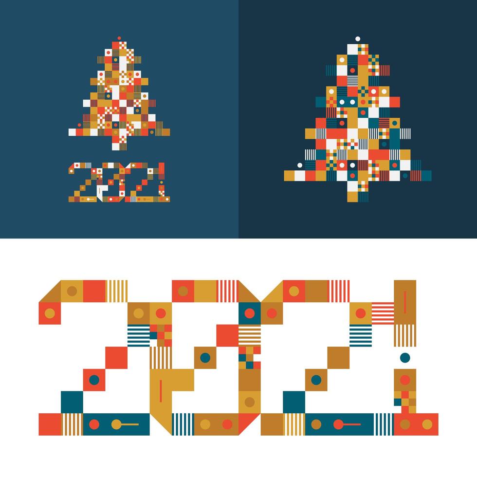 gelukkig nieuwjaar 2021 vector pixel art typografie. vakantie wenskaart illustratie. letters van stroken, vierkanten en stippen. geometrische nieuwjaarsposters zoals elektronisch scorebord.