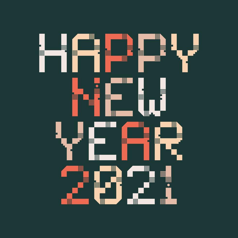 gelukkig nieuwjaar 2021 vector pixel art typografie. vakantie wenskaart illustratie. letters van stroken, vierkanten en stippen. geometrische nieuwjaarsposters zoals elektronisch scorebord.