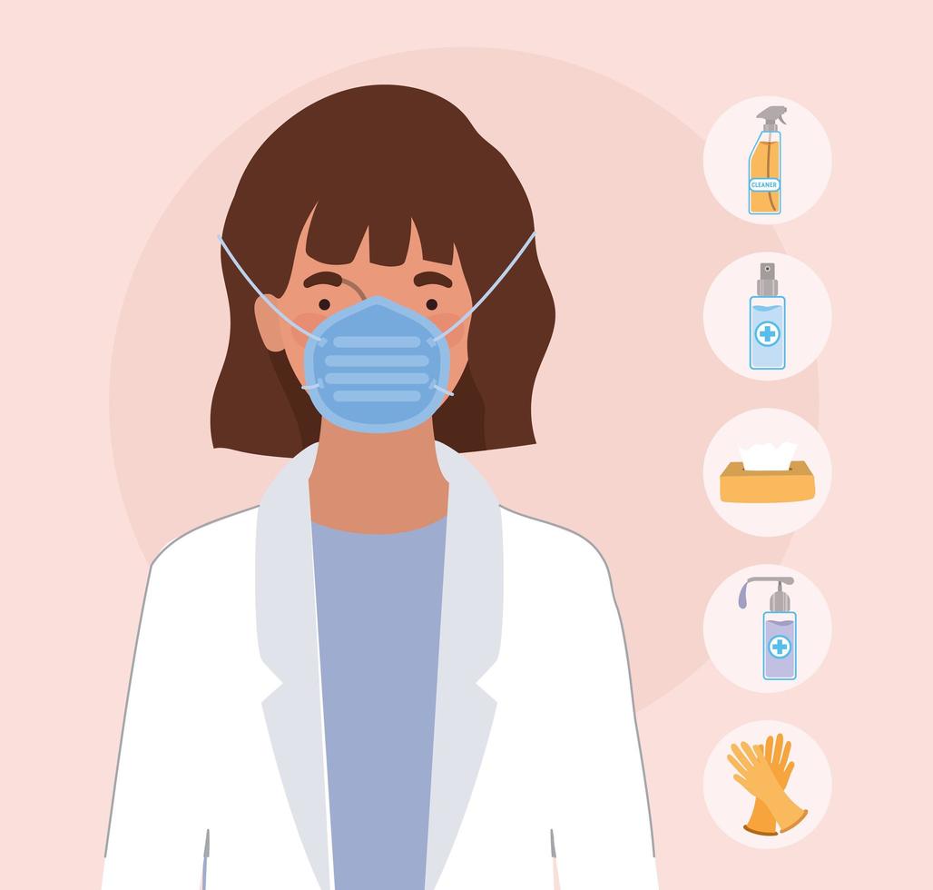 vrouwelijke arts met masker en hygiëneproducten tegen 2019 ncov-virus vectorontwerp vector