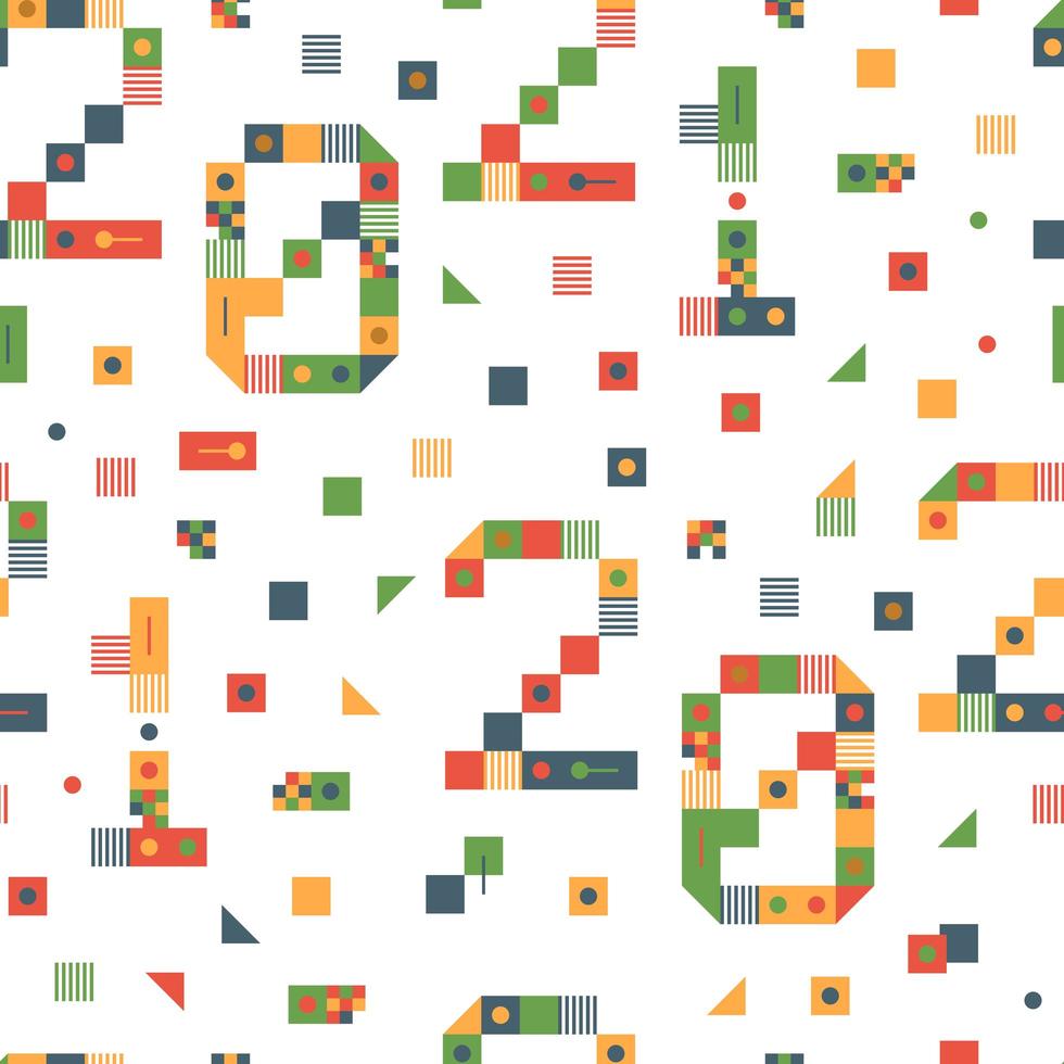 gelukkig nieuwjaar 2021 vector pixel kunst naadloze patroon. vakantie wenskaart illustratie. nummer van stroken, vierkanten en punten. geometrische nieuwe jaarachtergrond