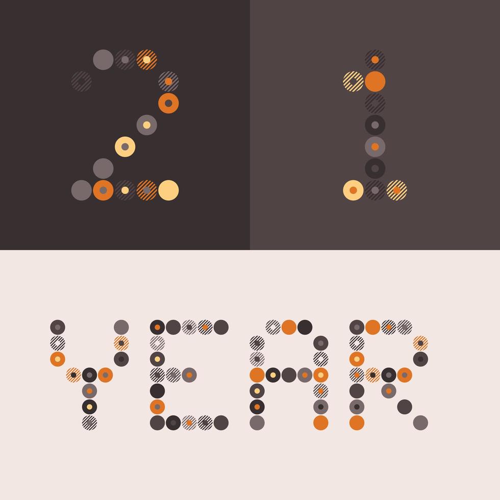 Gelukkig Nieuwjaar 2021 vector cirkel pixel kunst typografie. vakantie wenskaart illustratie. letters van stroken, cirkel en stippen. geometrische nieuwjaarsposters zoals elektronisch scorebord.