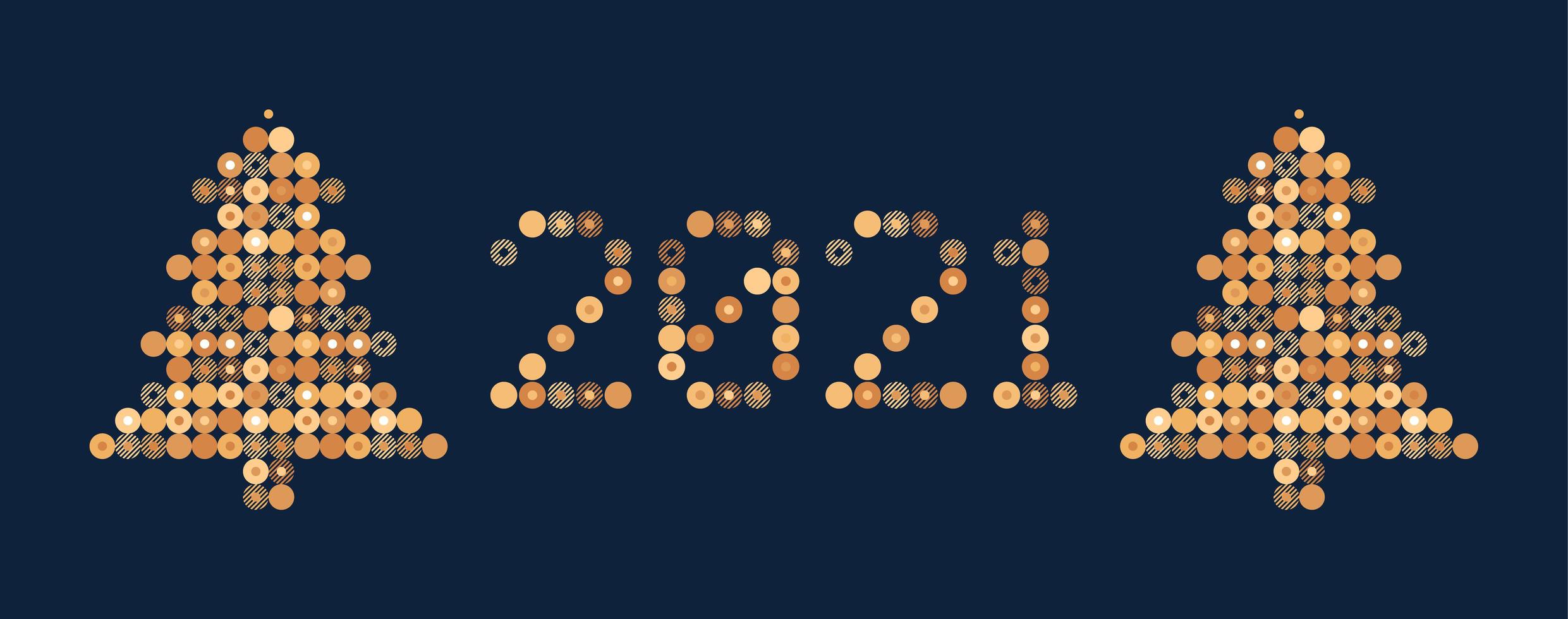 Gelukkig Nieuwjaar 2021 vector cirkel pixel kunst typografie. vakantie wenskaart illustratie met boom. letters van stroken, cirkel en stippen. geometrische nieuwjaarsposters zoals elektronisch scorebord.