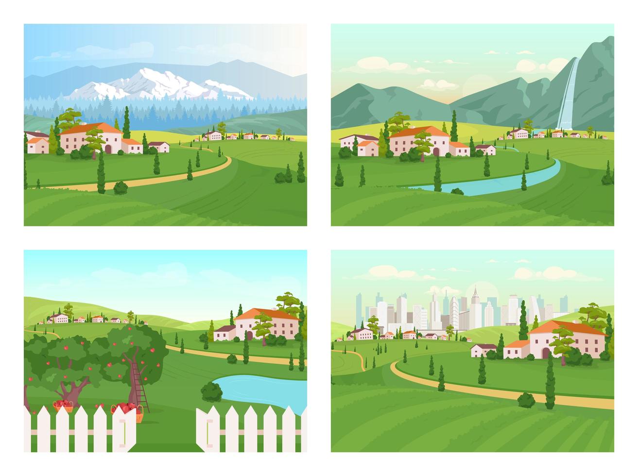 Toscane landschap egale kleur vector illustratie set