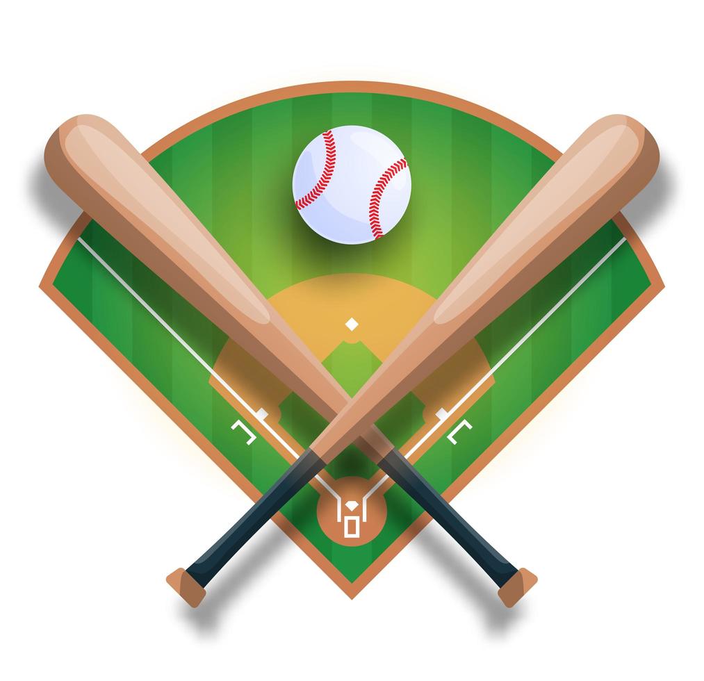 realistisch honkbalconcept met honkbal gekruiste knuppel, bal en veld. vector sport illustratie