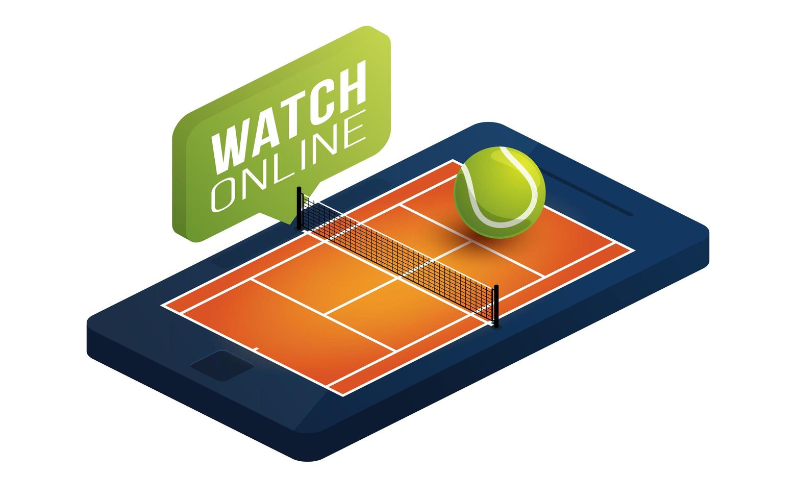 tennis gravelbaan op telefoon scherm online concept platte isometrische vectorillustratie. online tennis plat isometrische vector concept.