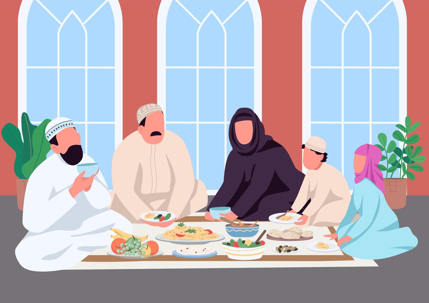 moslimfamilie eet samen egale kleur vectorillustratie vector