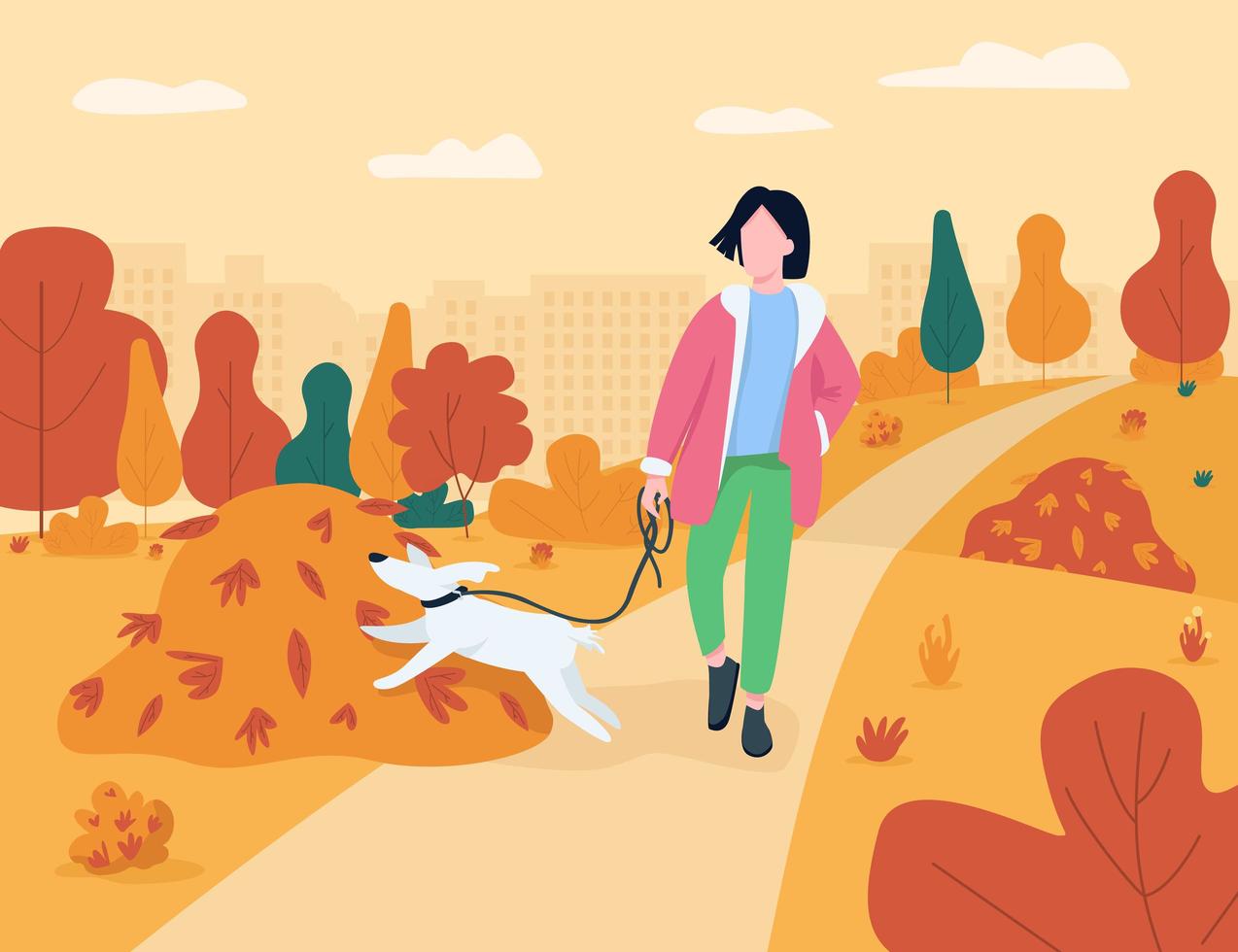 vrouw lopen met hond semi platte vectorillustratie vector