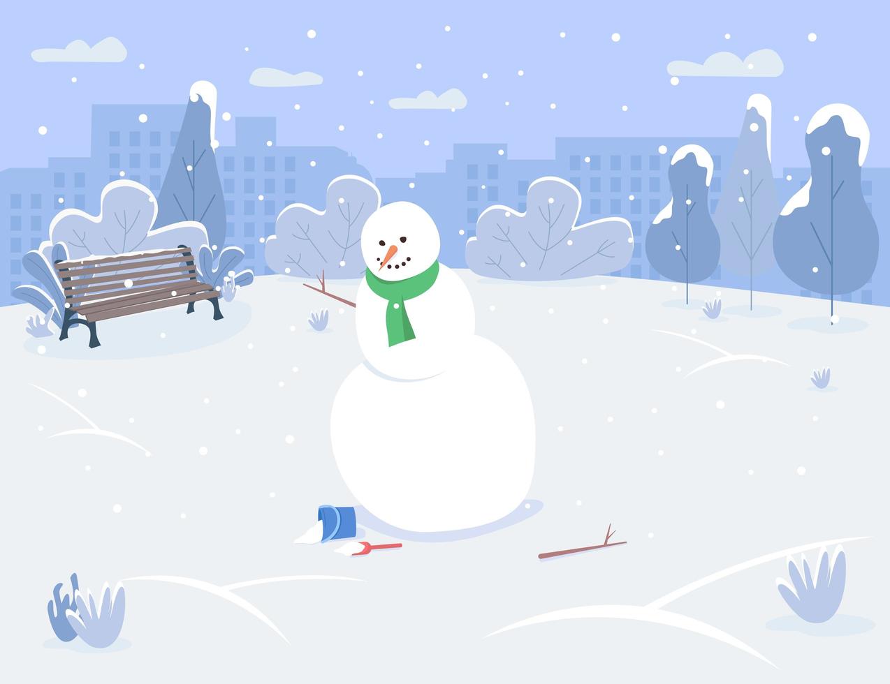 sneeuwpop in stadspark semi platte vectorillustratie vector