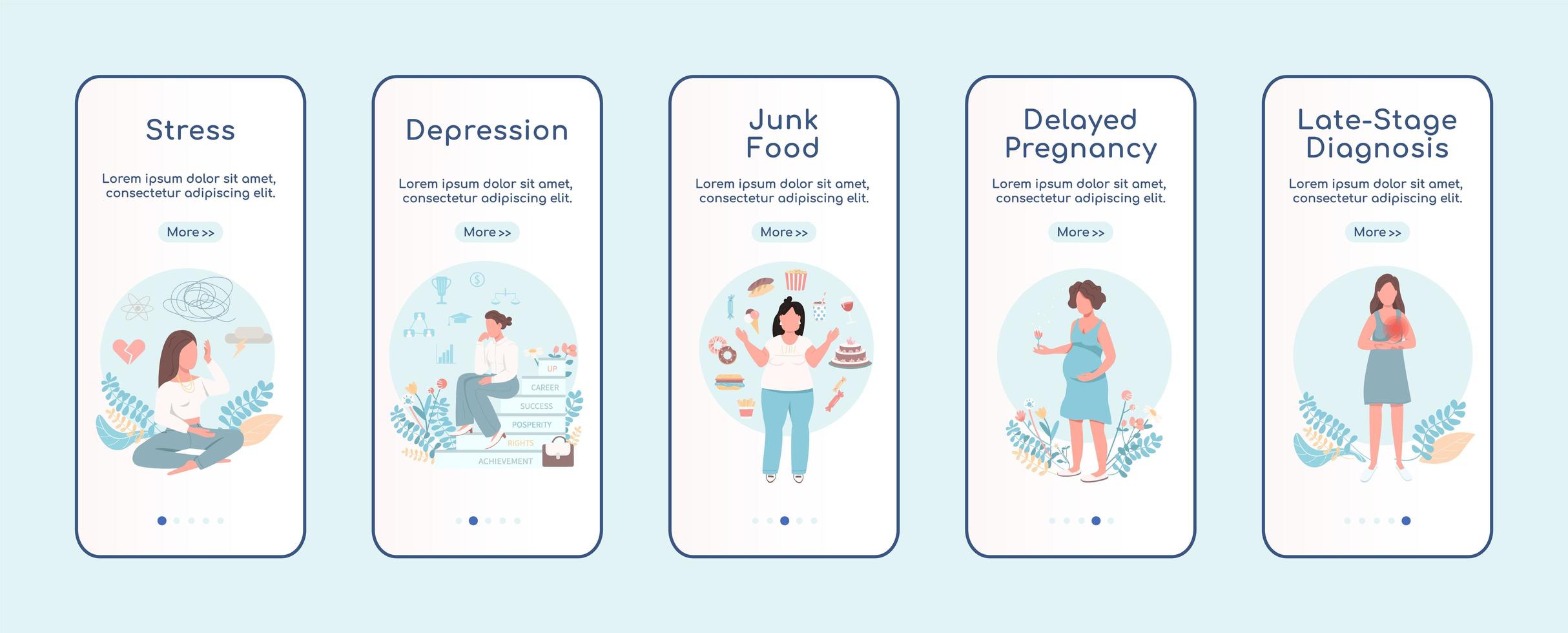 vrouwen probleem onboarding mobiele app platte vector schermsjabloon