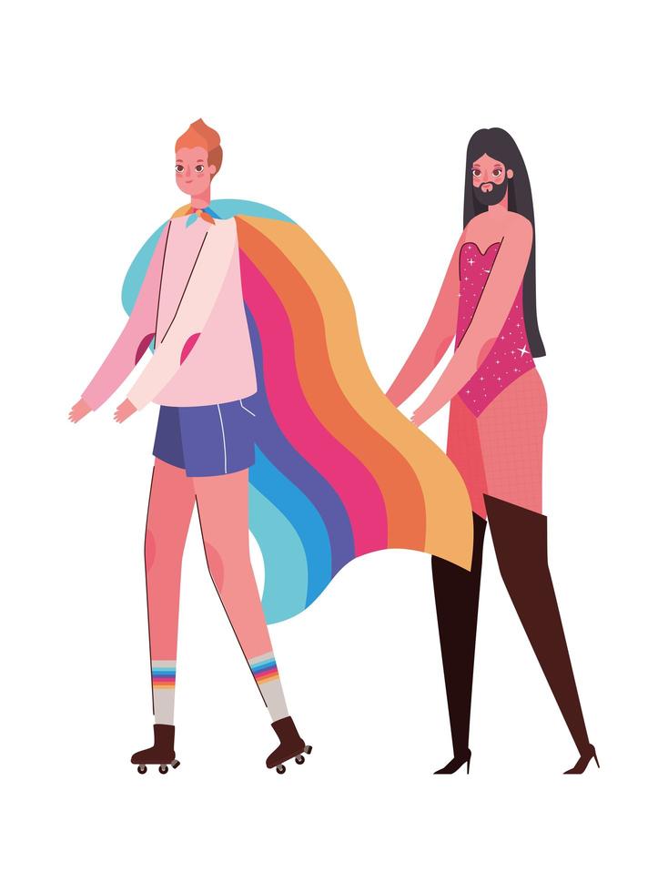 vrouw en man cartoon met kostuum en lgtbi vlag vector design