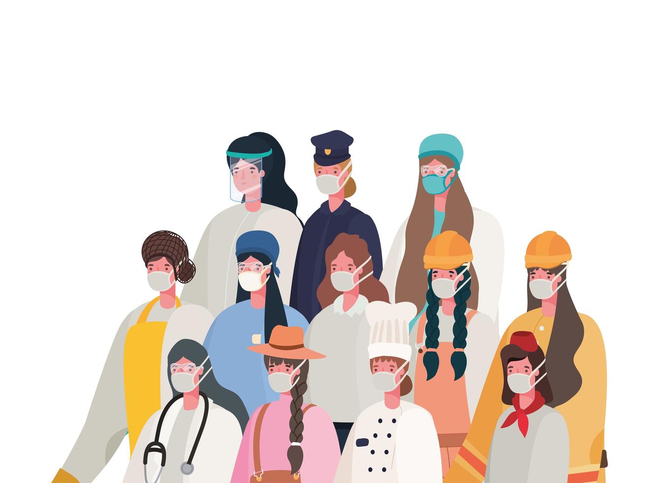 vrouwelijke werknemers met maskers vector ontwerp