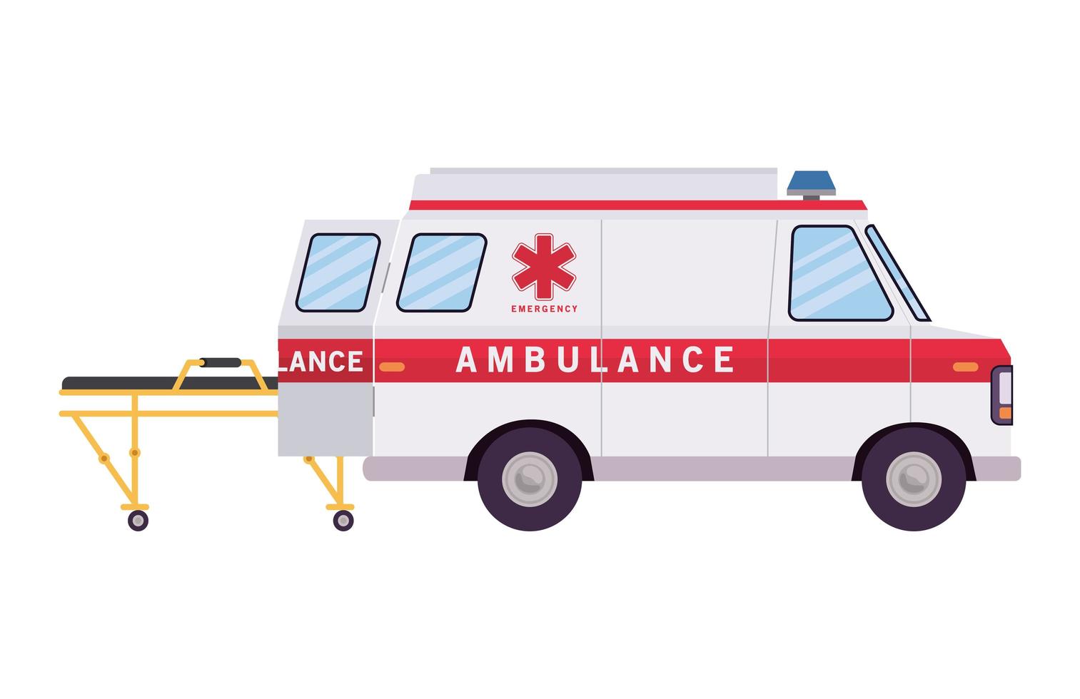 ambulance paramedicus auto zijaanzicht en brancard vector ontwerp