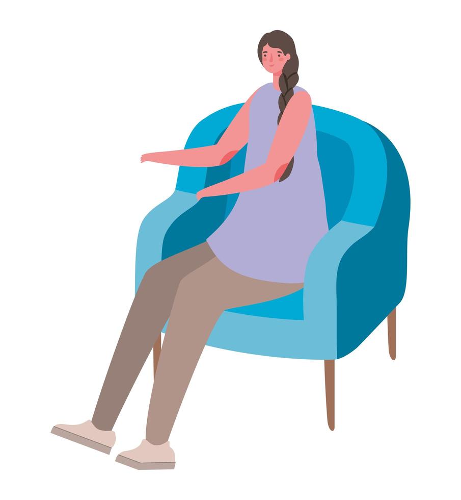 vrouwenbeeldverhaal op blauw stoel vectorontwerp vector