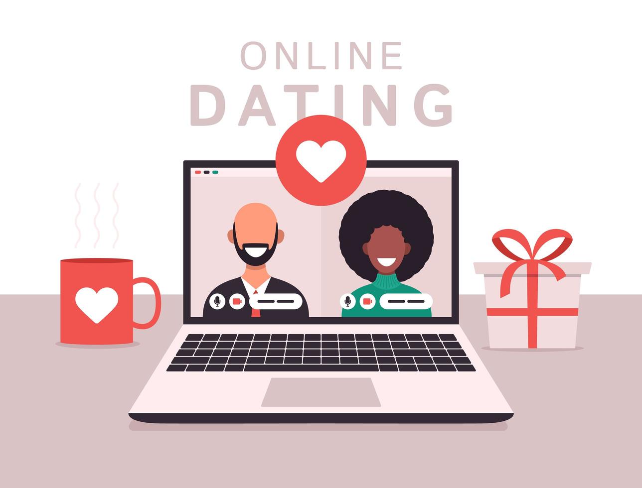 online dating app concept met man en vrouw. platte vectorillustratie met Afrikaanse vrouw en blanke kale man op laptop scherm. vector