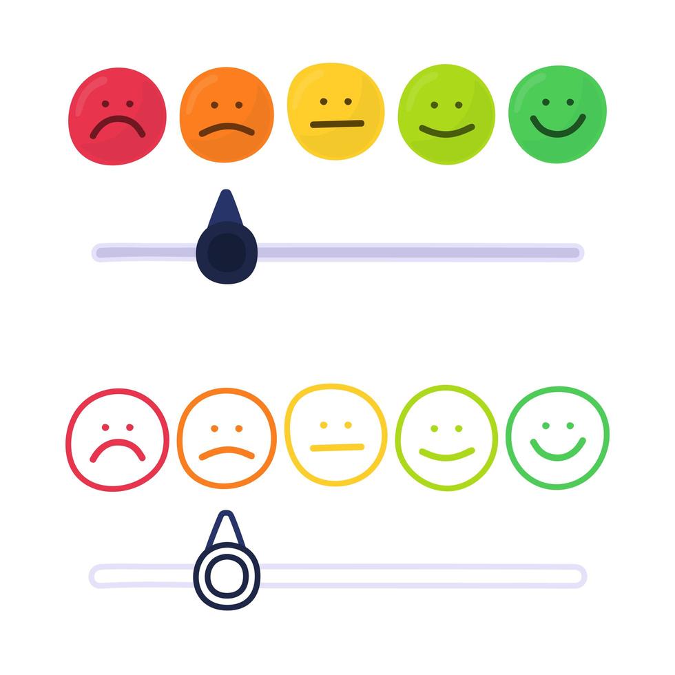 feedback of beoordelingsschaal met een glimlach die verschillende emoties vertegenwoordigt in handgetekende stijl. klantbeoordeling en evaluatie van service of goed. kleurrijke vectorillustratie in doodle stijl vector