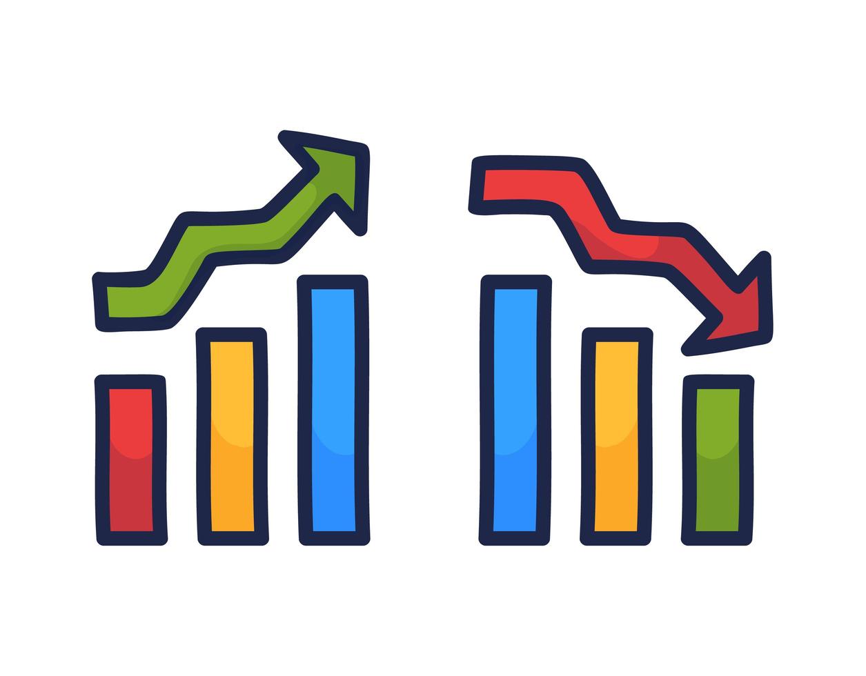 set grafieken met groei en naar beneden. economische crisis vanwege pandemie coronavirus. doodle vectorillustratie vector