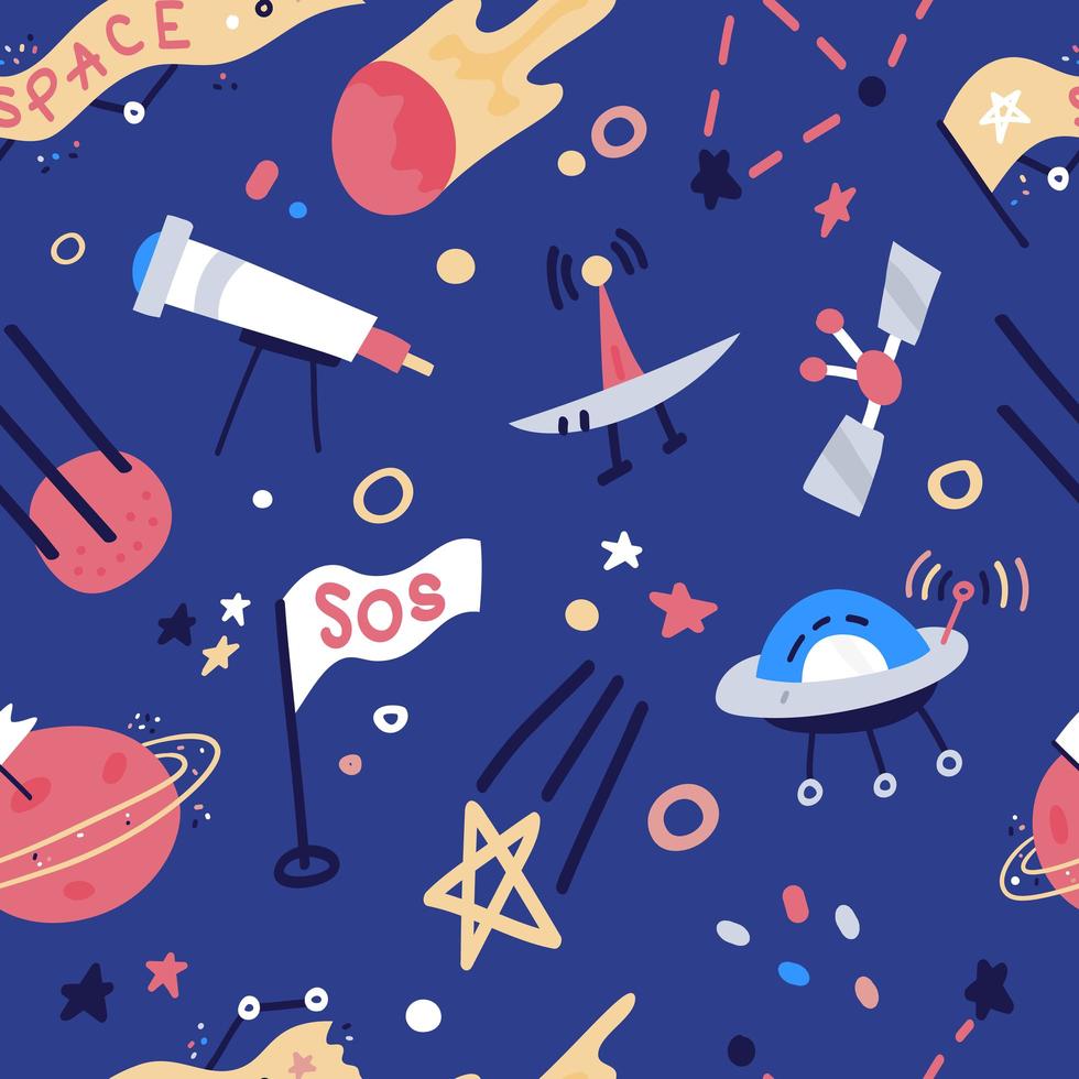vector naadloze patroon met raketten, satelliet, ufo, sterren. cartoon vlakke stijl kosmos kinderen achtergrond