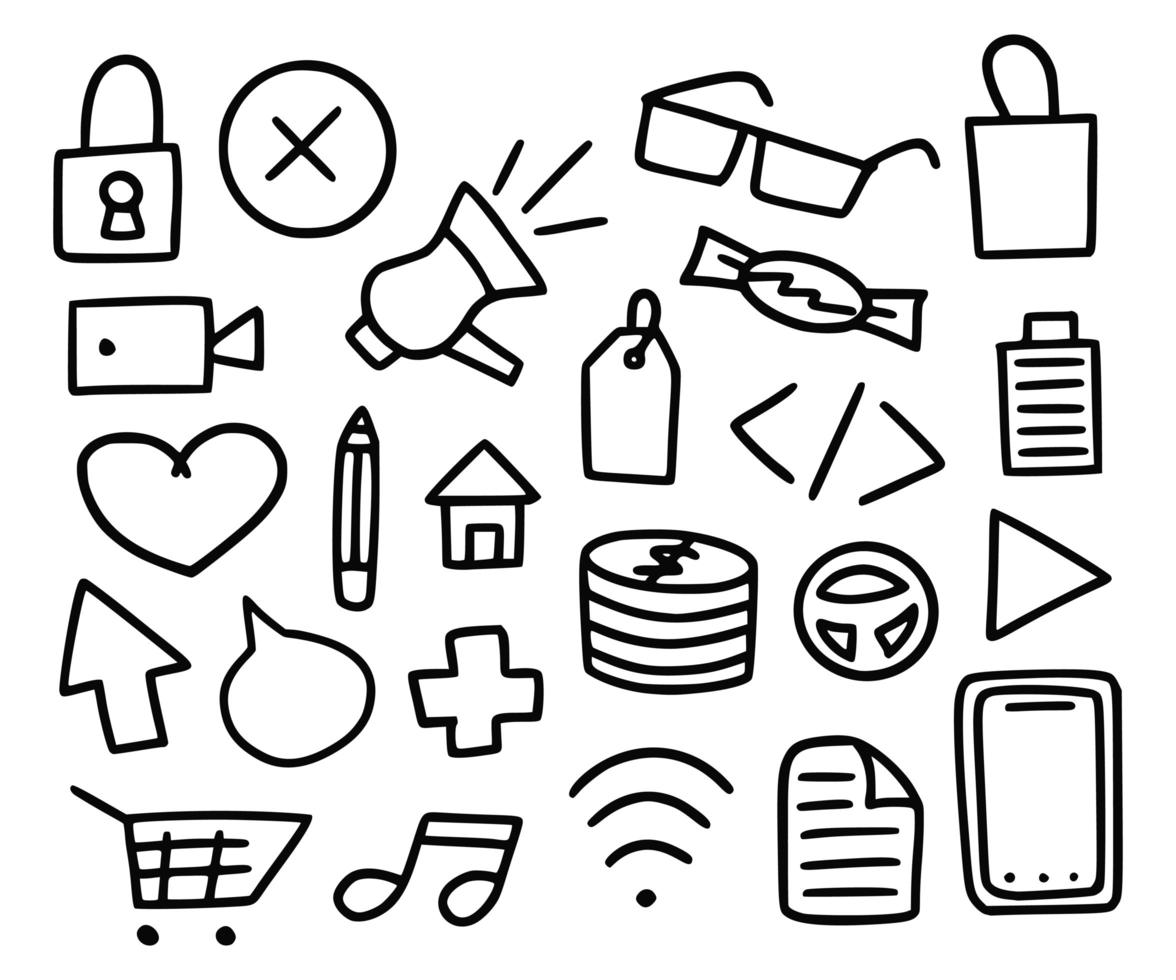 mega verzameling doodle-items. vector set handgetekende iconen van verschillende onderwerpen