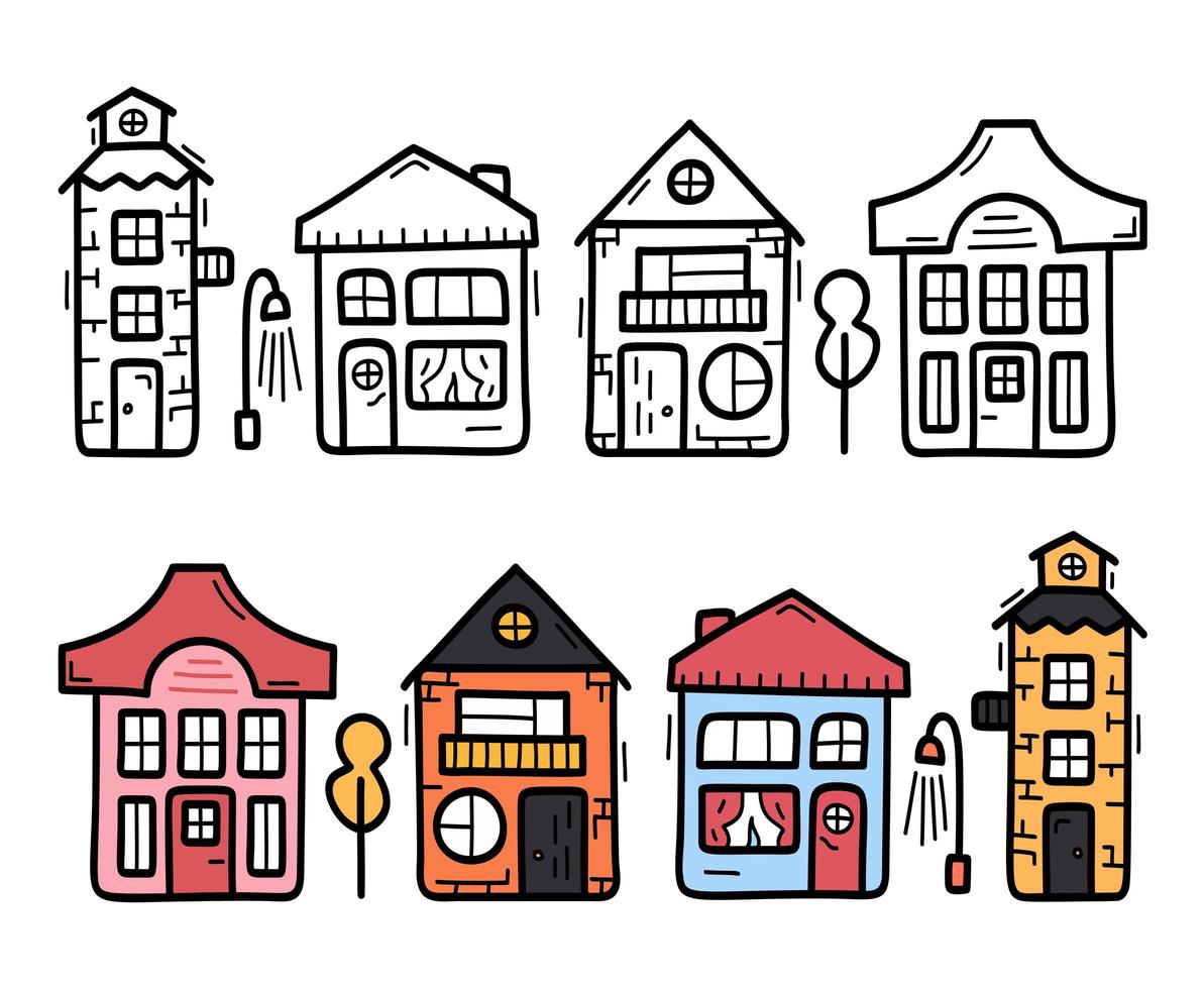 decoratief Skandinavisch herenhuisbord. doodle vector pack van pictogrammen. set huizen met dakraam en deur. hand getekend vectorillustratie