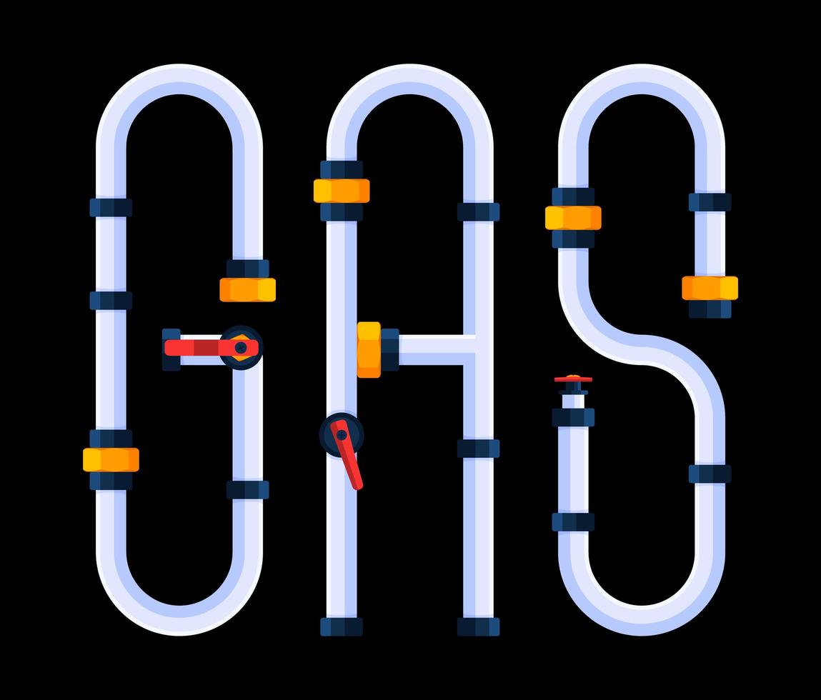 het woord gas is gemaakt in een cartoonstijl van lettertype in de vorm van pijpen. vector