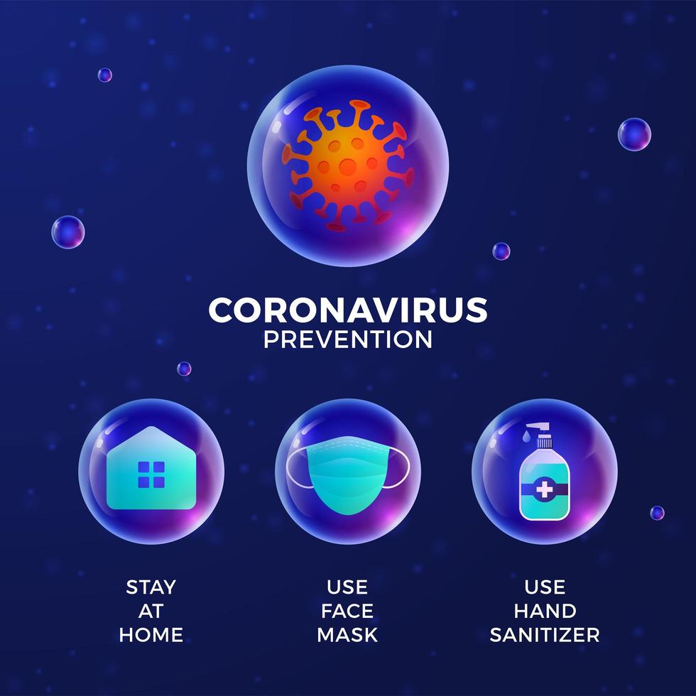preventie van covid-19 alles in één pictogram poster vectorillustratie. Coronavirus-beschermingsflyer met realistische glanzende balpictogramreeks. blijf thuis, gebruik een gezichtsmasker, gebruik handdesinfecterend middel vector