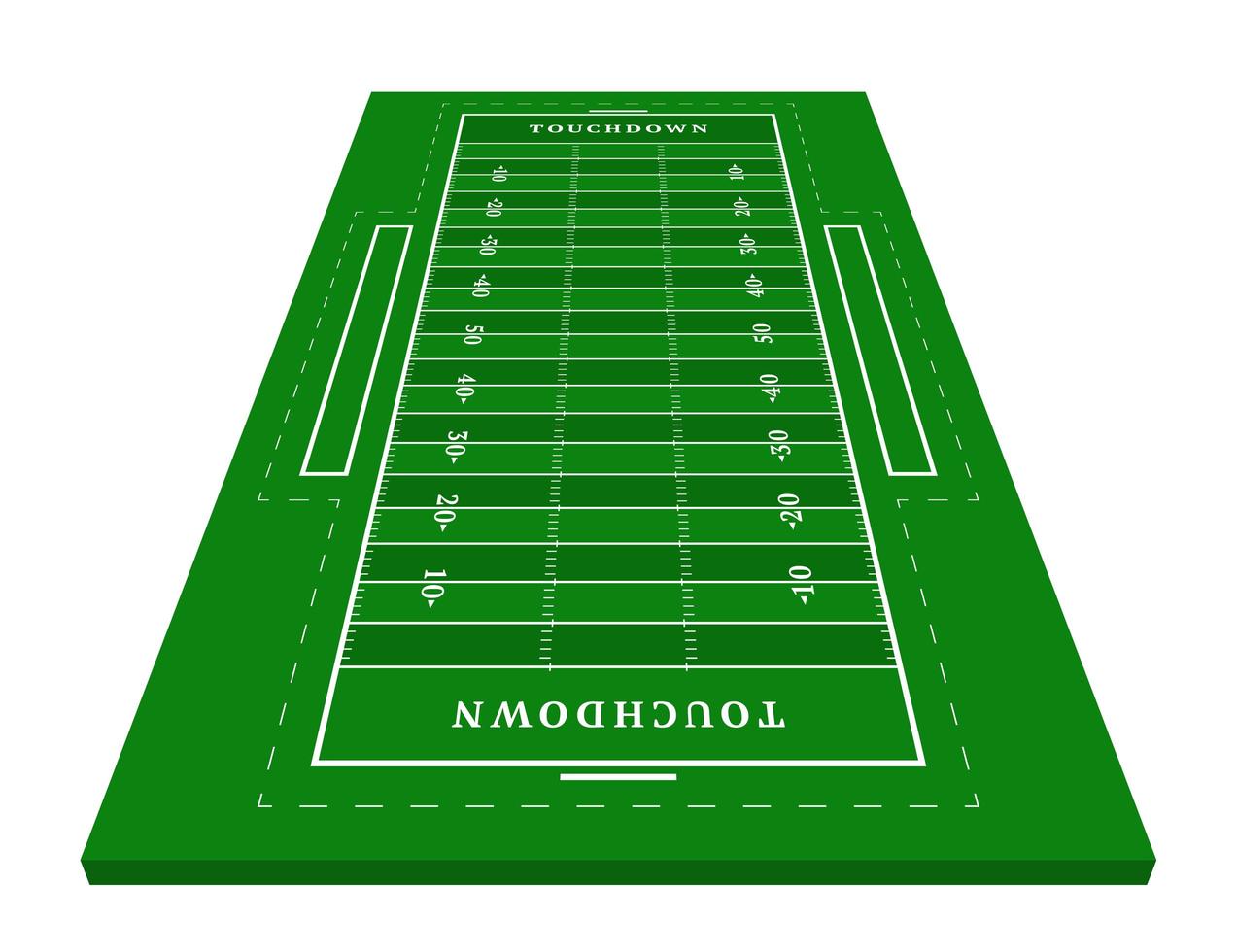 perspectief groen Amerikaans voetbalveld. uitzicht van voren. rugbyveld met regelsjabloon. vector illustratie stadion.