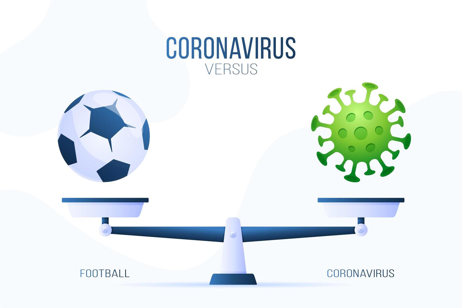 coronavirus of voetbal vectorillustratie. creatief concept van weegschaal en versus, aan de ene kant van de schaal ligt een virus covid-19 en aan de andere kant een voetbalpictogram. platte vectorillustratie. vector