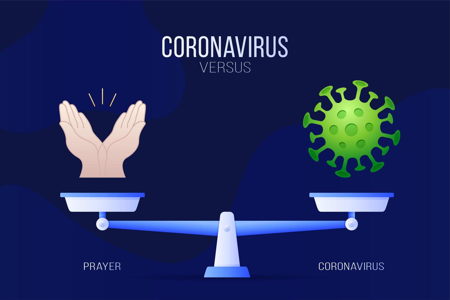 coronavirus of gebed vectorillustratie. creatief concept van weegschaal en versus, aan de ene kant van de schaal ligt een virus covid-19 en aan de andere kant bid handpictogram. platte vectorillustratie. vector