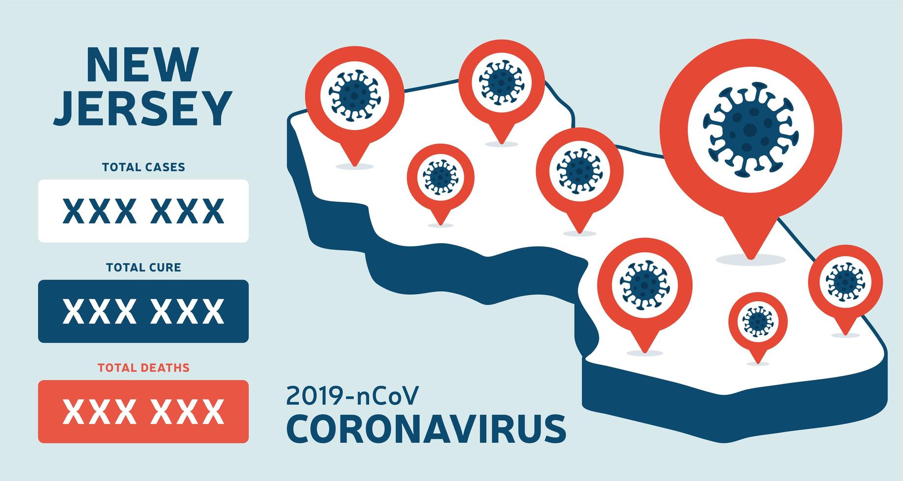 Covid-19 New Jersey State USA isometrische kaart bevestigde gevallen, genezing, sterfgevallenrapport. coronavirusziekte 2019 situatie-update wereldwijde amerika kaarten en nieuwskop toont situatie en statistieken achtergrond vector