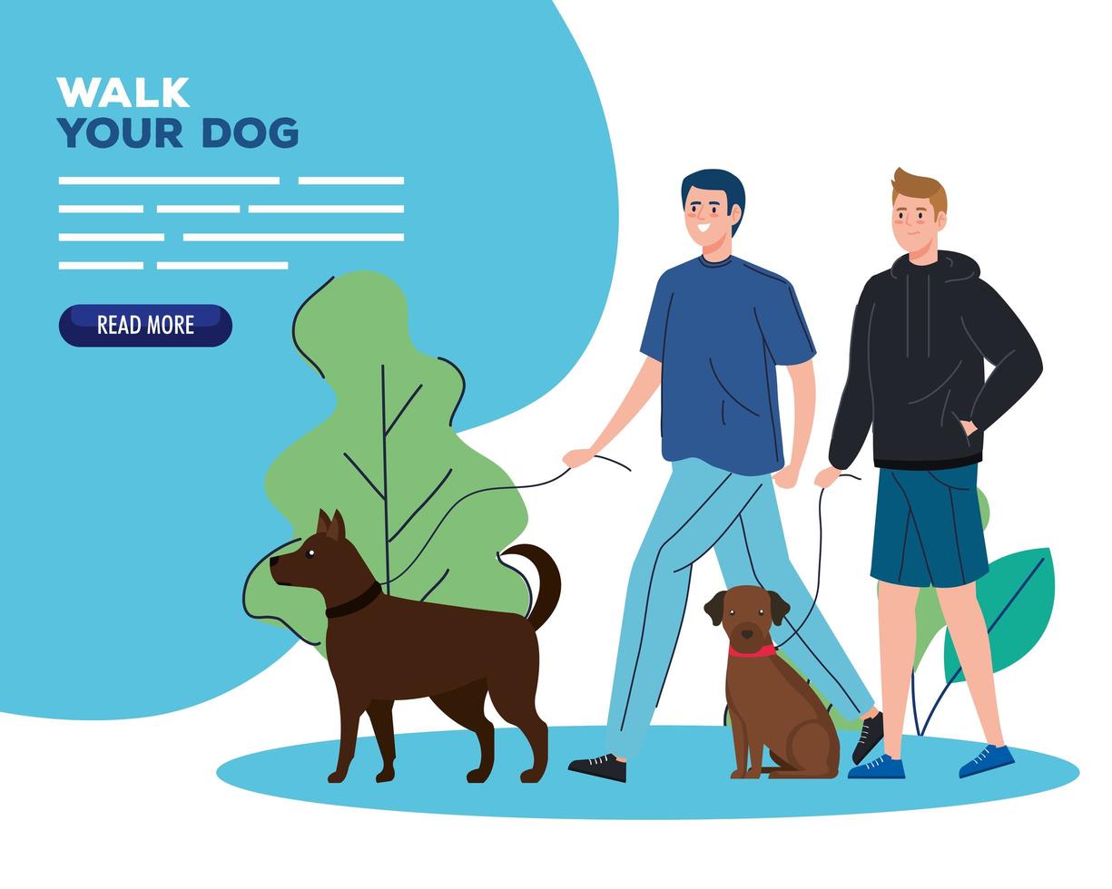 mensen lopen met hun honden buiten banner vector