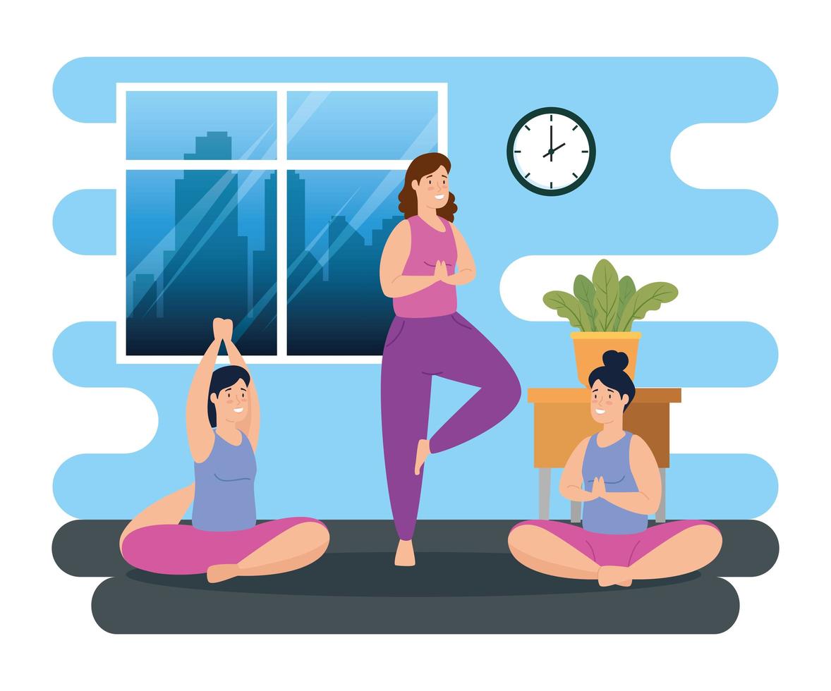 vrouwen die yoga binnenshuis beoefenen vector