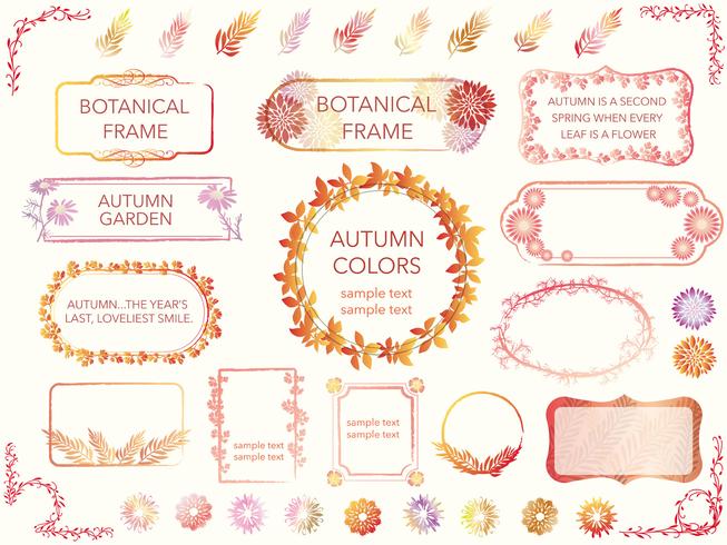 Een reeks geassorteerde kaders van bloemen en installaties in de herfstkleuren. vector