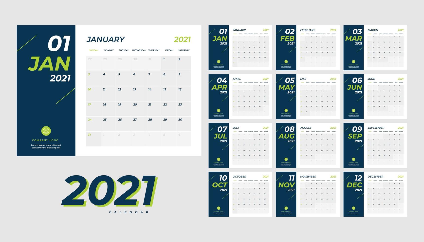 jaar 2021 maandelijkse bureaukalender vector