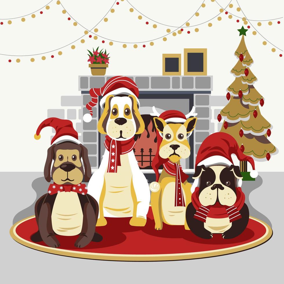 schattige honden met kerst met open haard vector