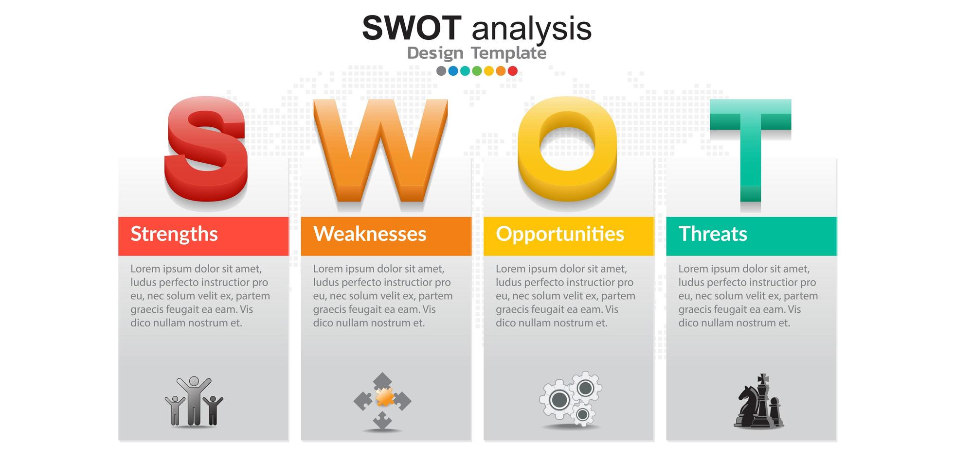 vier kleurrijke elementen met pictogrammen en plaats voor tekst in concept van SWOT-analyse. vector