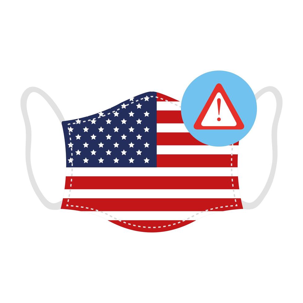 gezichtsmasker met usa vlag en coronavirus-waarschuwingspictogram vector