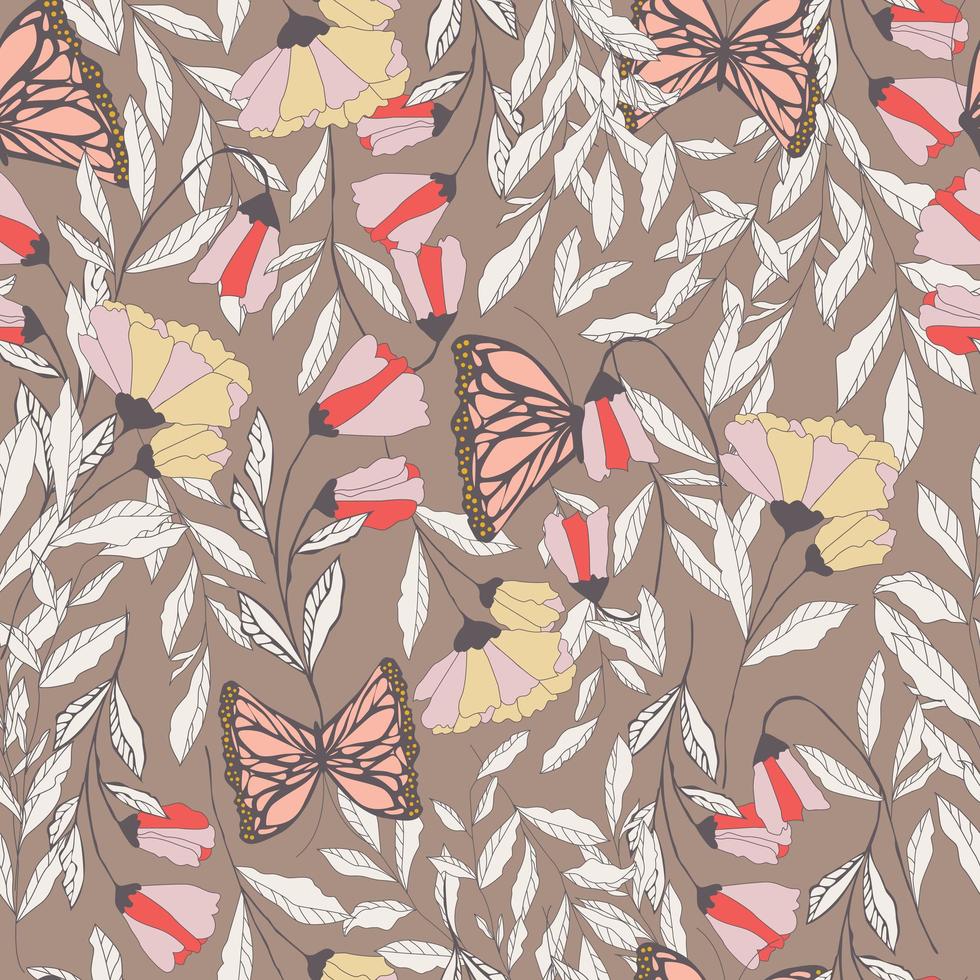 vector traditioneel naadloos patroon met monarchvlinders, bloemenelementen en lentebloemen