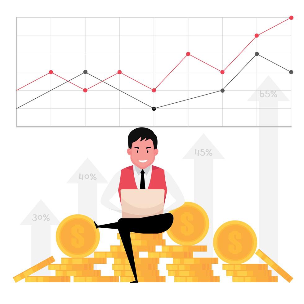 een cartoon met bedrijfsgroei met een man aan het werk op de computer met een achtergrond van geld en een statistische grafiek vector