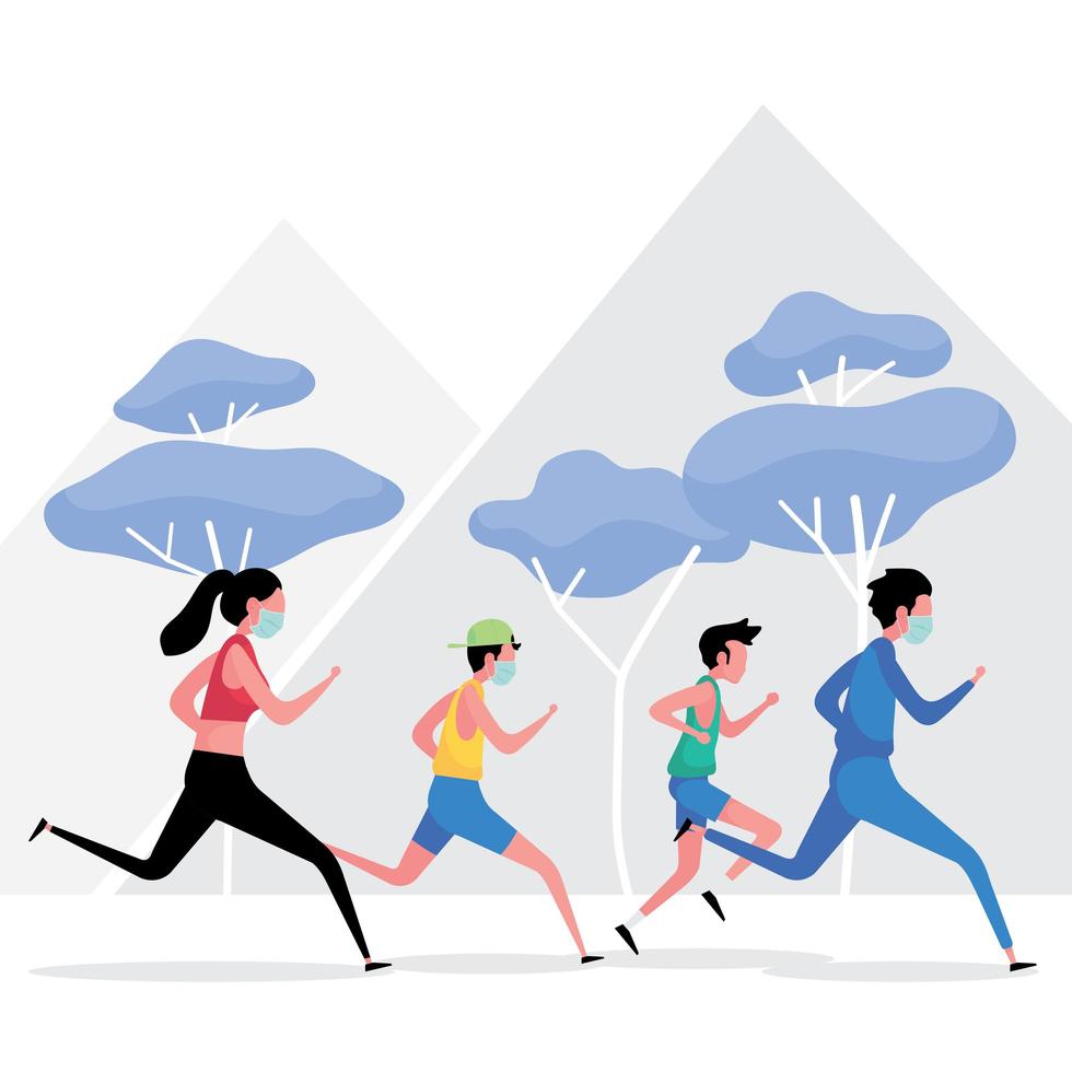nieuwe normale trainingsfoto toont een groep mensen die rennen terwijl ze afstand houden vector