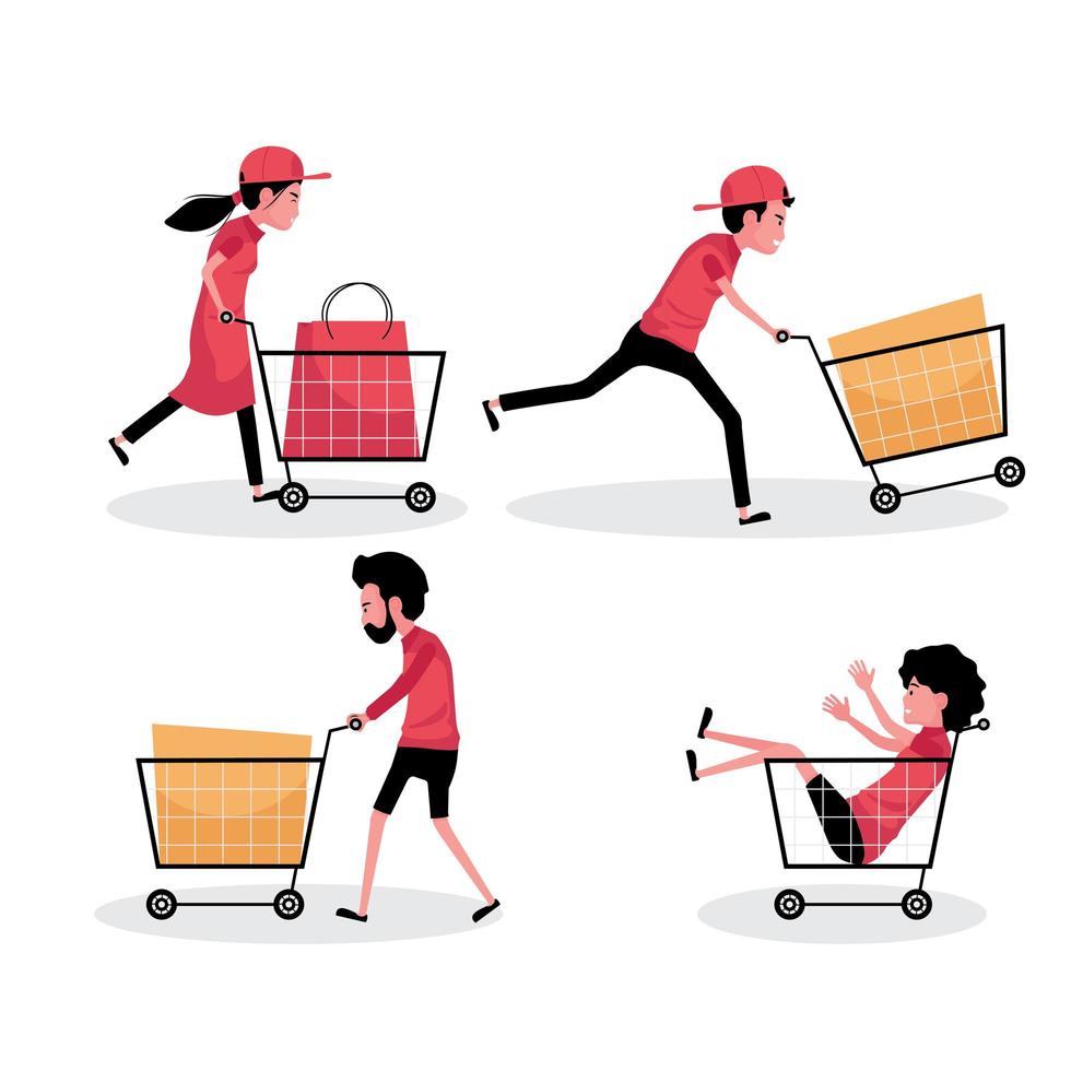een cartoon tekenset van mensen met winkelwagentje en tas vector