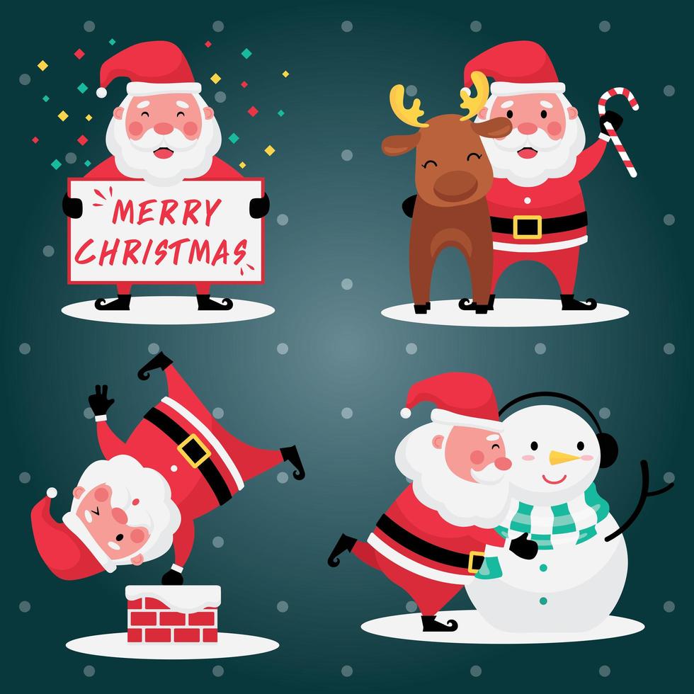 set van de kerstman met rendieren en sneeuwpop op een lichtblauwe achtergrond vector