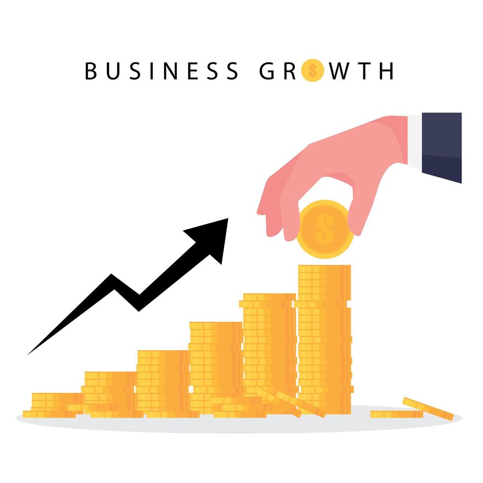 een cartoon die de groei van het bedrijf laat zien met een stijgende grafiek van geld vector