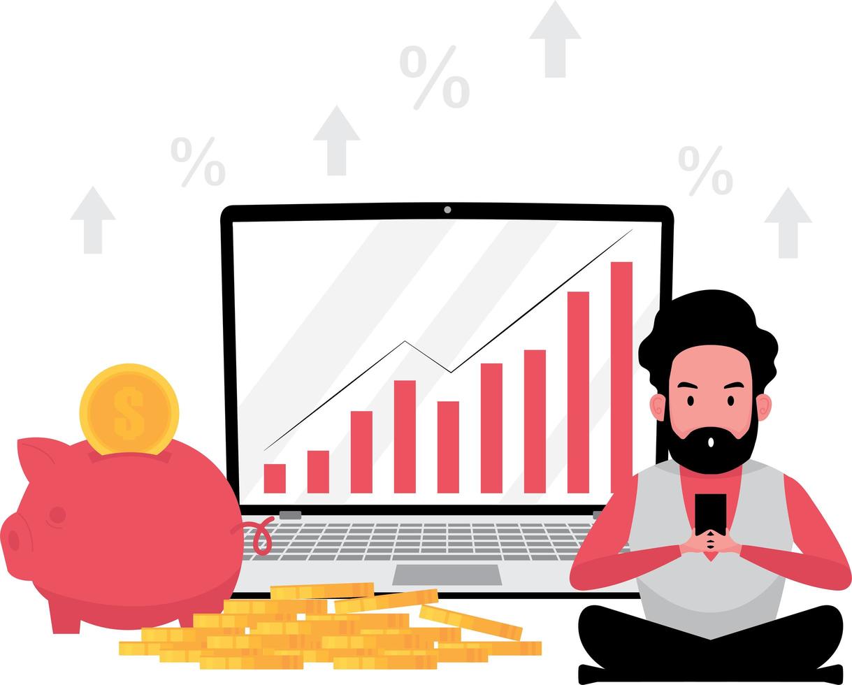investeringsfoto toont een man die achter computer laptop zit met wat munten en spaarvarken vector