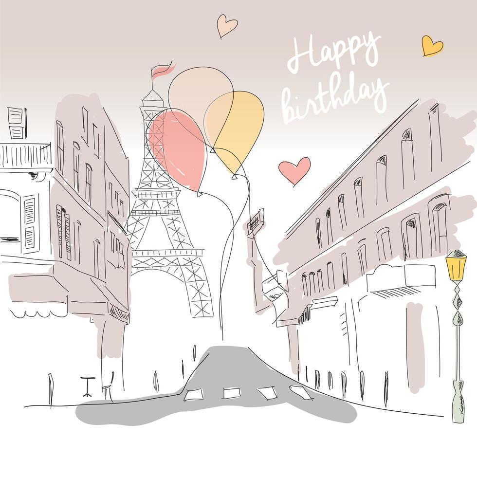 gelukkige verjaardagskaart van de straat van Parijs, de Eiffeltoren en ballonnen, met de hand getekend vector