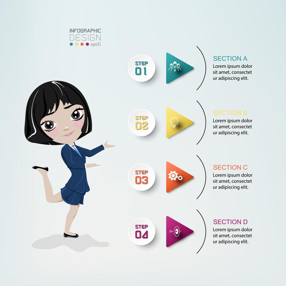 4 tabbladen infographic ontwerp met cartoon vrouw presenteren vector