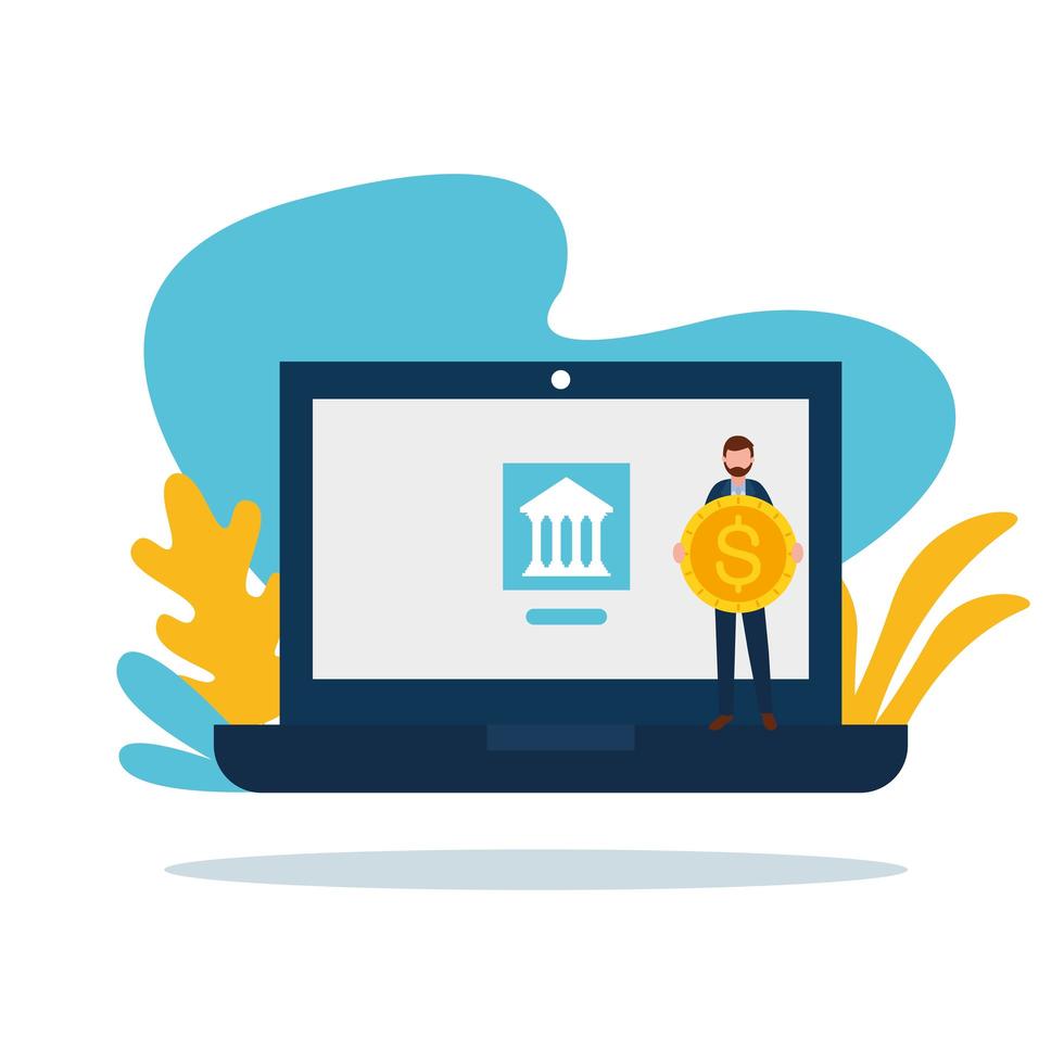 man avatar met laptop bank en munt vector ontwerp