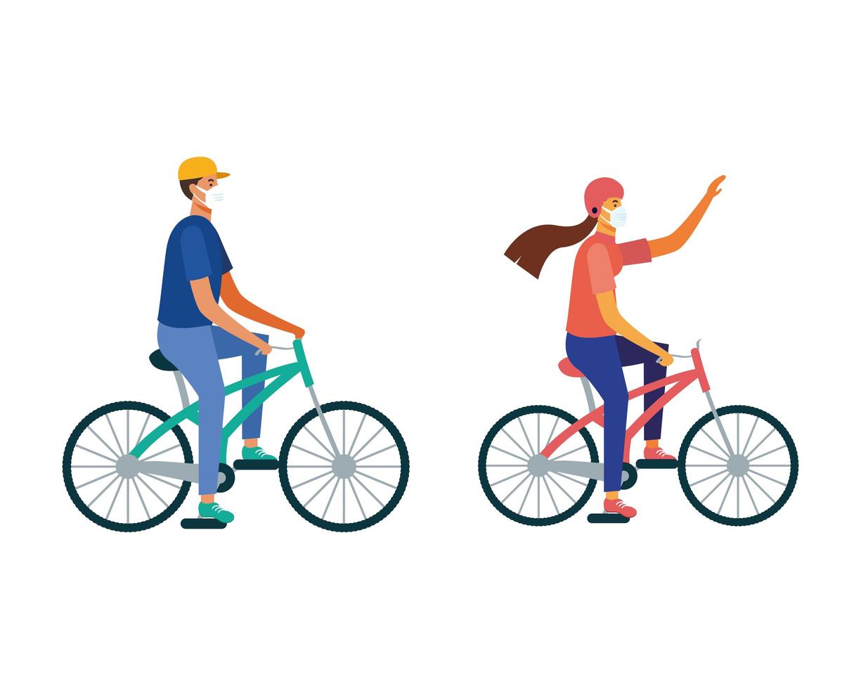 man en vrouw met masker rijden fiets vector ontwerp