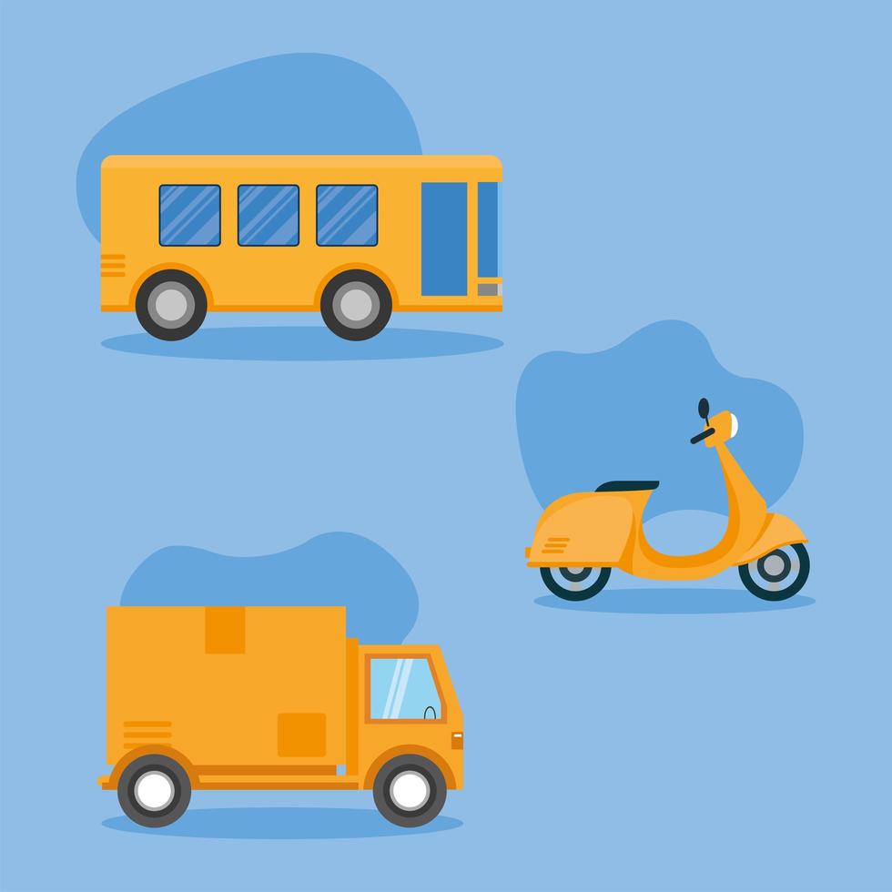 bus vrachtwagen en motorfiets voertuig vector ontwerp