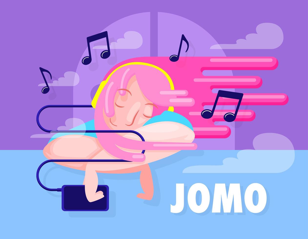 jomo concept illustratie, vrouw luisteren naar muziek vector