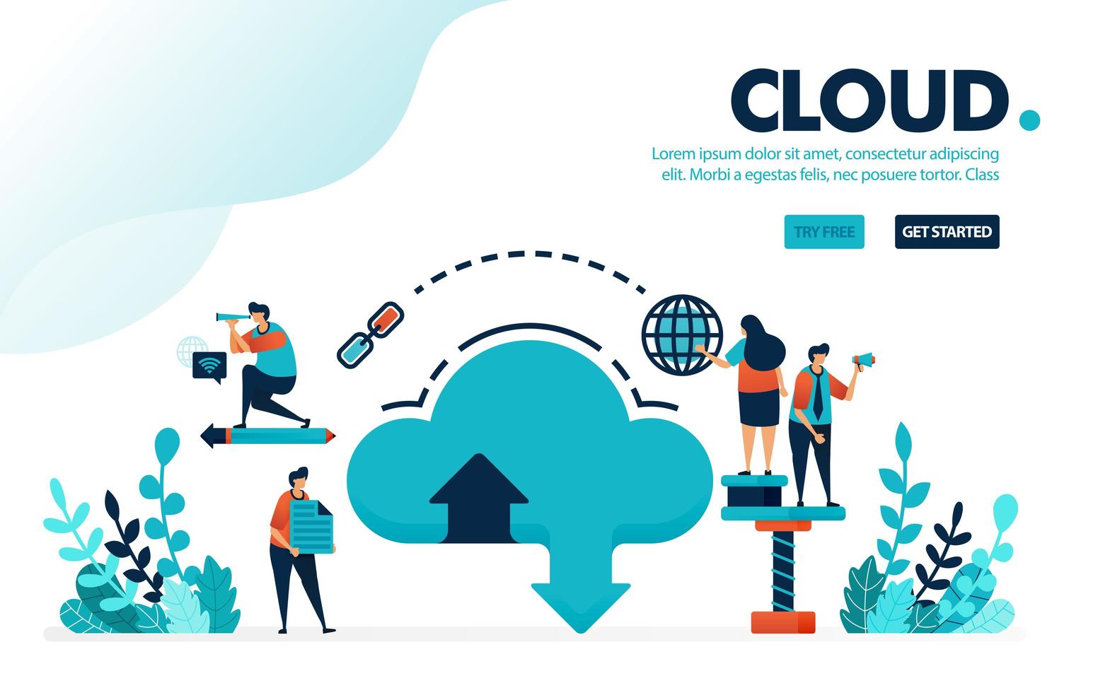 vector illustratie database en cloud. internet downloaden en uploaden naar databasesysteem. cloudhosting en verhuur van opslag. ontworpen voor bestemmingspagina, web, banner, sjabloon, flyer, poster, ui